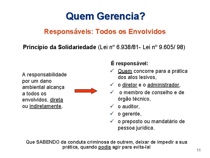 Quem Gerencia? Responsáveis: Todos os Envolvidos Princípio da Solidariedade (Lei nº 6. 938/81 -