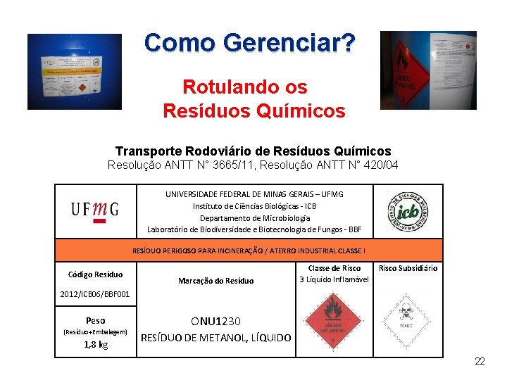 Como Gerenciar? Rotulando os Resíduos Químicos Transporte Rodoviário de Resíduos Químicos Resolução ANTT N°