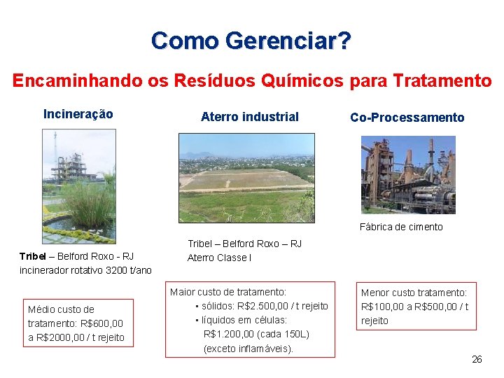 Como Gerenciar? Encaminhando os Resíduos Químicos para Tratamento Incineração Aterro industrial Co-Processamento Incineração Fábrica