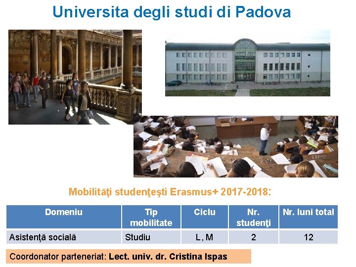 Universita degli studi di Padova Mobilităţi studenţeşti Erasmus+ 2017 -2018: Domeniu Asistenţă socială Tip