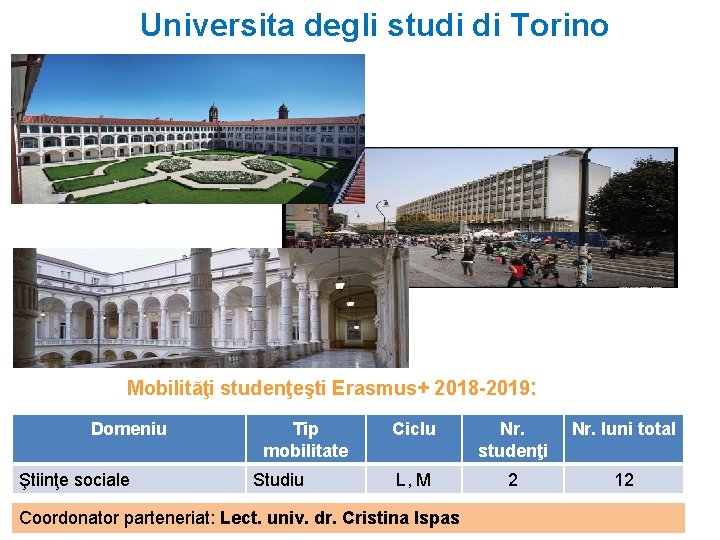 Universita degli studi di Torino Mobilităţi studenţeşti Erasmus+ 2018 -2019: Domeniu Ştiinţe sociale Tip