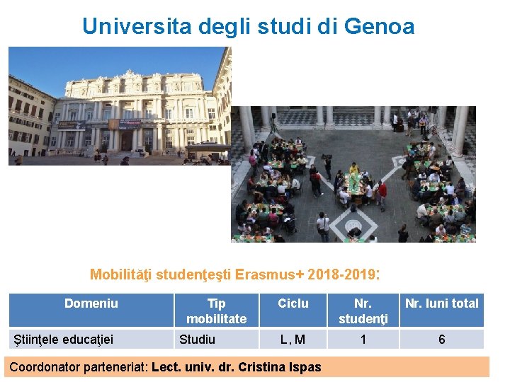 Universita degli studi di Genoa Mobilităţi studenţeşti Erasmus+ 2018 -2019: Domeniu Ştiinţele educaţiei Tip
