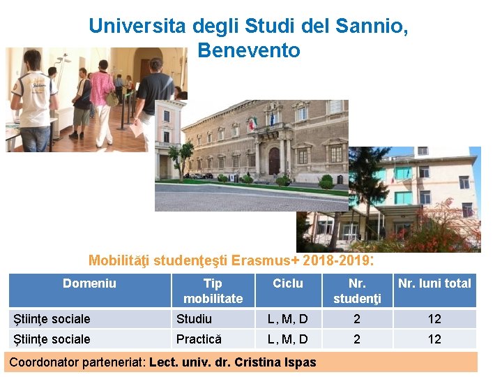 Universita degli Studi del Sannio, Benevento Mobilităţi studenţeşti Erasmus+ 2018 -2019: Domeniu Tip mobilitate