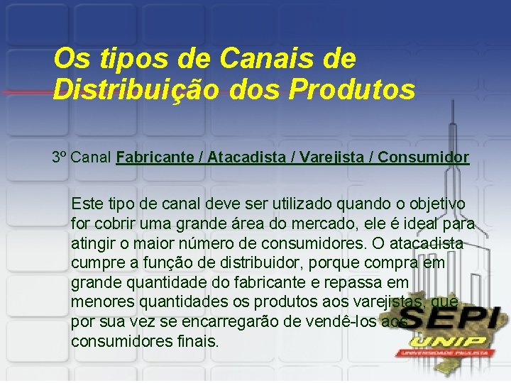 Os tipos de Canais de Distribuição dos Produtos 3º Canal Fabricante / Atacadista /