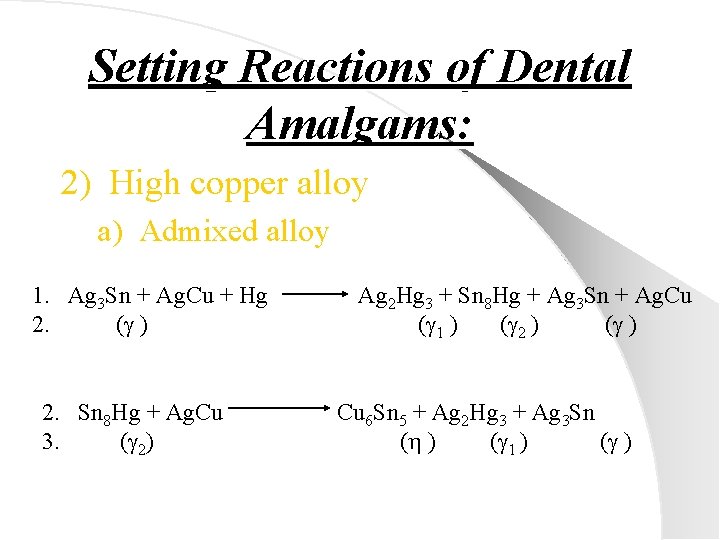 Setting Reactions of Dental Amalgams: 2) High copper alloy a) Admixed alloy 1. Ag