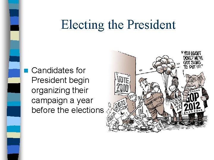 Electing the President n Candidates for President begin organizing their campaign a year before