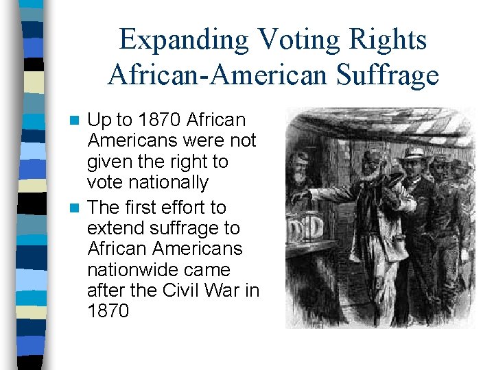 Expanding Voting Rights African-American Suffrage Up to 1870 African Americans were not given the