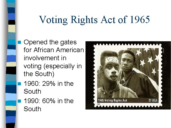 Voting Rights Act of 1965 Opened the gates for African American involvement in voting