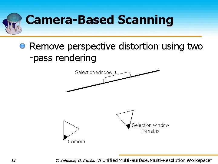 Camera-Based Scanning Remove perspective distortion using two -pass rendering Selection window P-matrix Camera 12