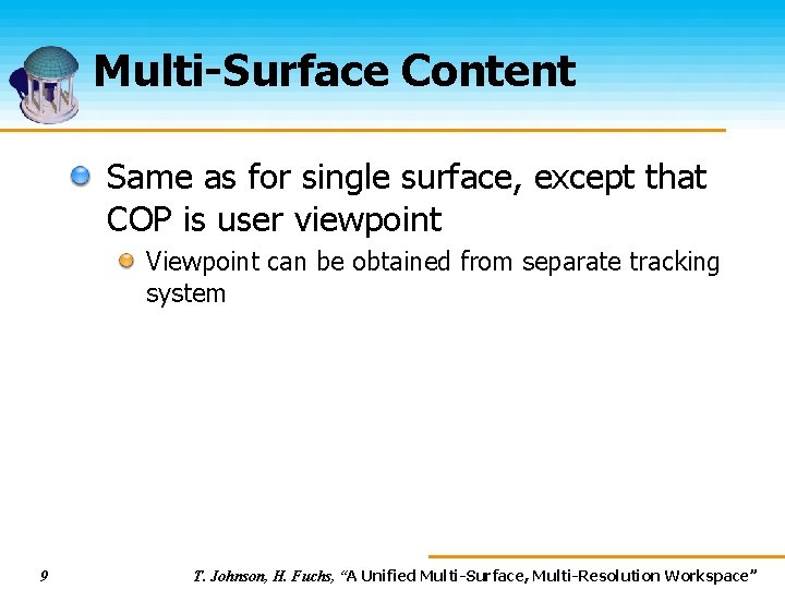 Multi-Surface Content Same as for single surface, except that COP is user viewpoint Viewpoint