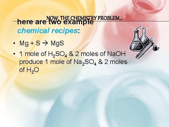 NOW, THE CHEMISTRY PROBLEM… here are two example chemical recipes: • Mg + S