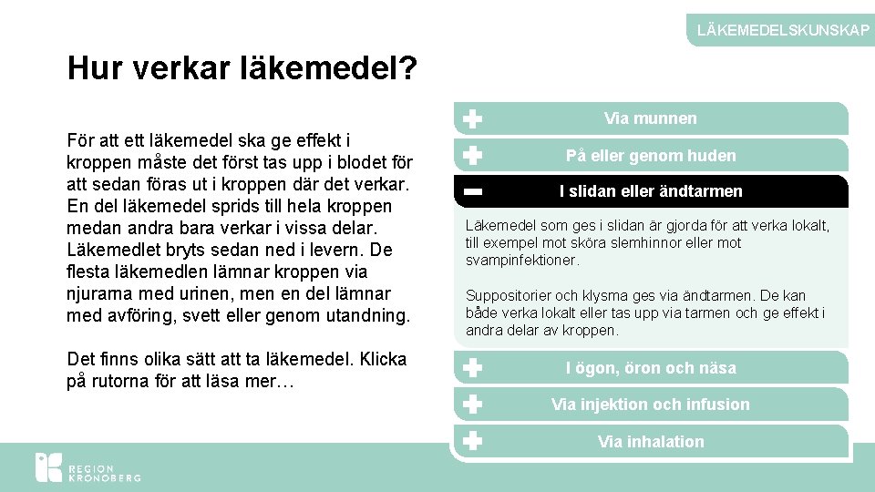 LÄKEMEDELSKUNSKAP Hur verkar läkemedel? Via munnen För att ett läkemedel ska ge effekt i