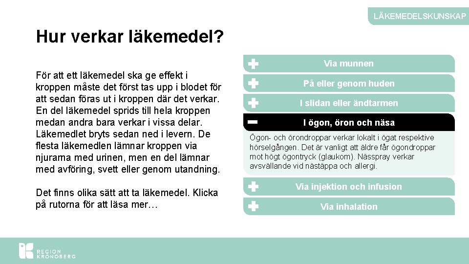 LÄKEMEDELSKUNSKAP Hur verkar läkemedel? Via munnen För att ett läkemedel ska ge effekt i