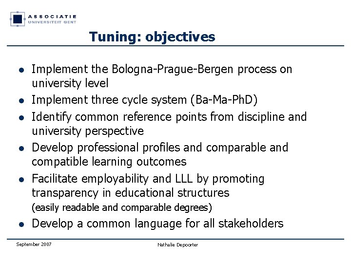 Tuning: objectives l l l Implement the Bologna-Prague-Bergen process on university level Implement three