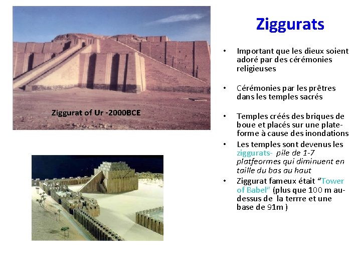 Ziggurats Ziggurat of Ur -2000 BCE • Important que les dieux soient adoré par