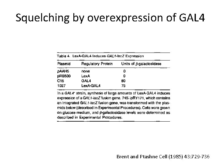 Squelching by overexpression of GAL 4 Brent and Ptashne Cell (1985) 43: 729 -736