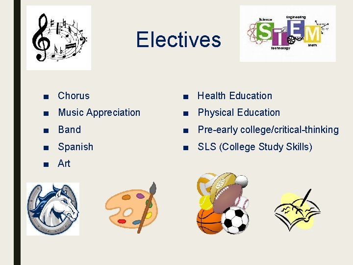 Electives ■ Chorus ■ Health Education ■ Music Appreciation ■ Physical Education ■ Band