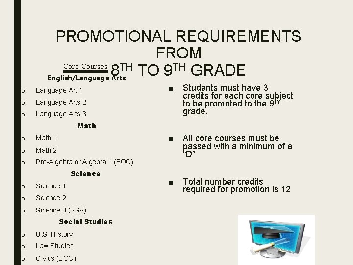 PROMOTIONAL REQUIREMENTS FROM Core Courses TH TO 9 TH GRADE 8 English/Language Arts o