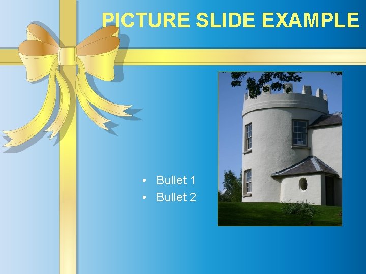 PICTURE SLIDE EXAMPLE • Bullet 1 • Bullet 2 