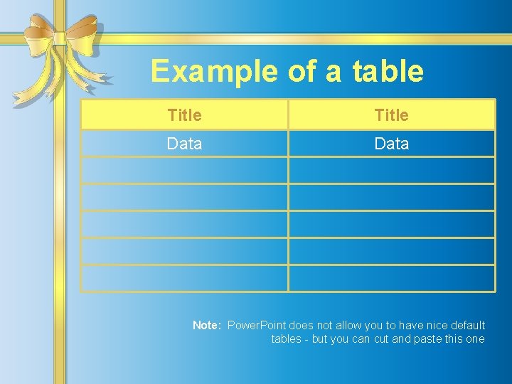 Example of a table Title Data Note: Power. Point does not allow you to