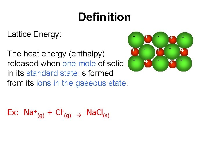 Definition Lattice Energy: The heat energy (enthalpy) released when one mole of solid in