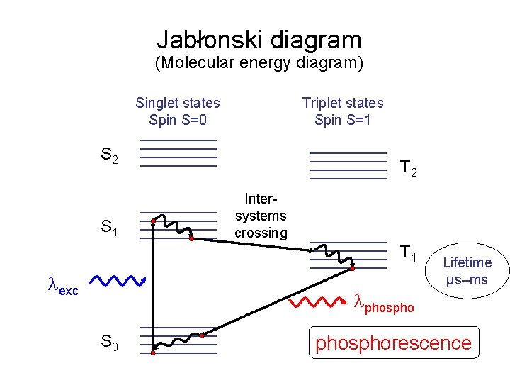 Jablonski diagram (Molecular energy diagram) Singlet states Spin S=0 Triplet states Spin S=1 S