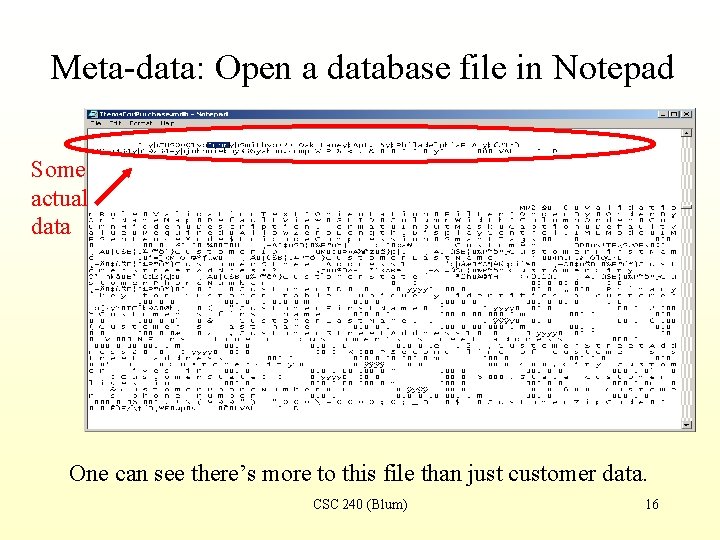 Meta-data: Open a database file in Notepad Some actual data One can see there’s