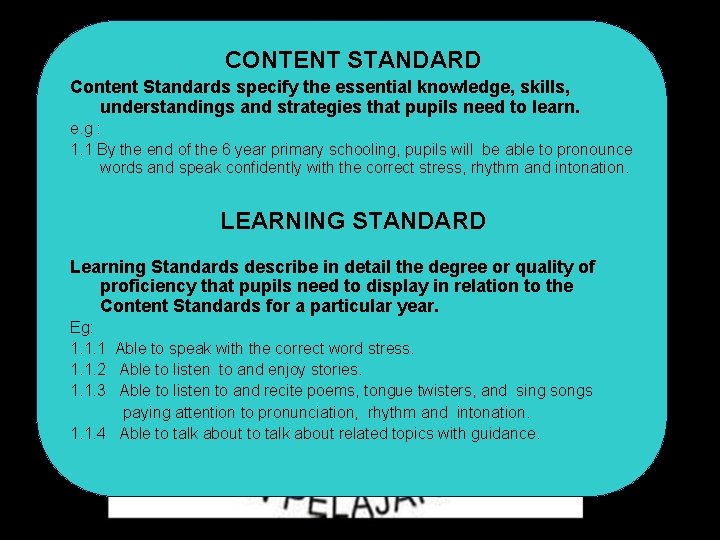 CONTENT STANDARD Content Standards specify the essential knowledge, skills, understandings and strategies that pupils