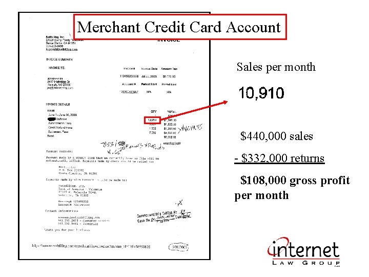 Merchant Credit Card Account Sales per month $440, 000 sales - $332, 000 returns