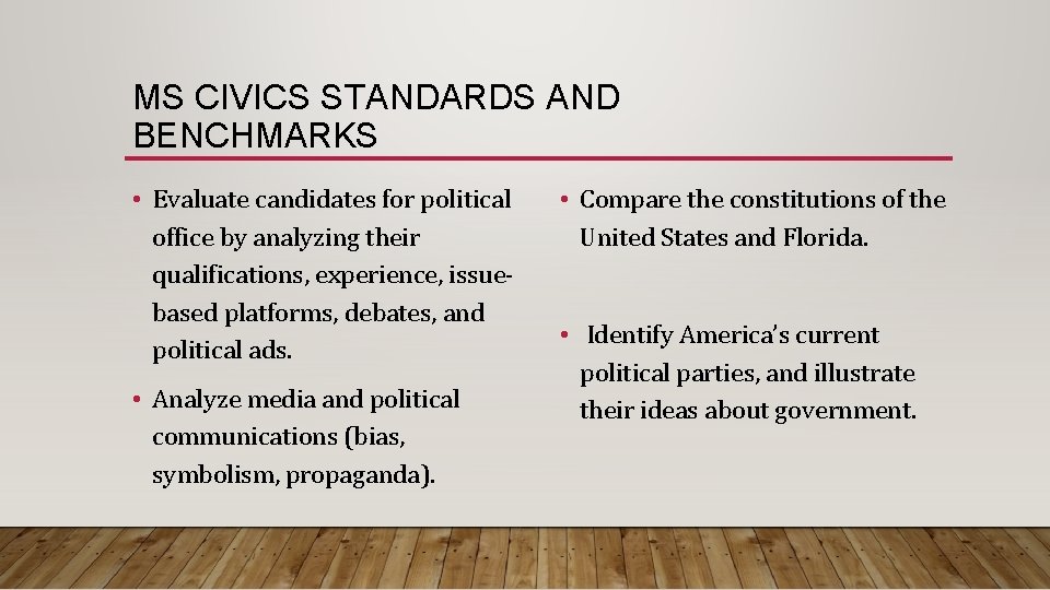 MS CIVICS STANDARDS AND BENCHMARKS • Evaluate candidates for political office by analyzing their