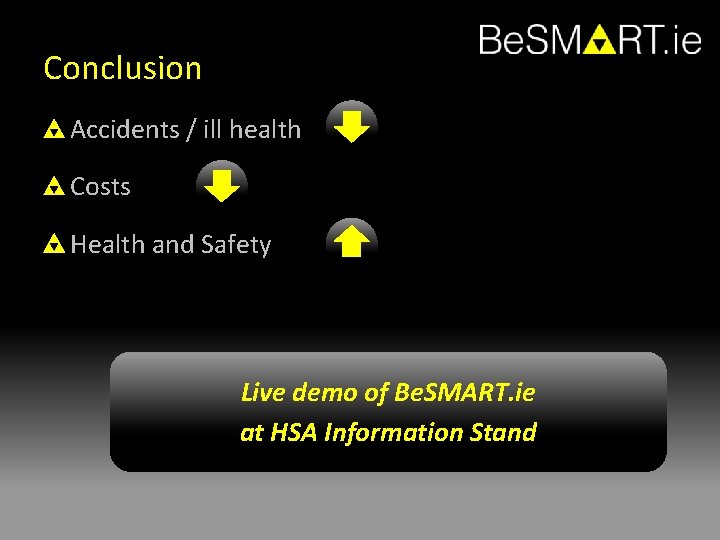 Conclusion Accidents / ill health Costs Health and Safety Live demo of Be. SMART.