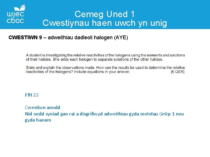 Cemeg Uned 1 Cwestiynau haen uwch yn unig CWESTIWN 9 – adweithiau dadleoli halogen