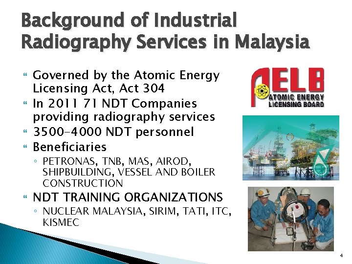 Background of Industrial Radiography Services in Malaysia Governed by the Atomic Energy Licensing Act,