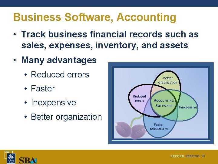 Business Software, Accounting • Track business financial records such as sales, expenses, inventory, and