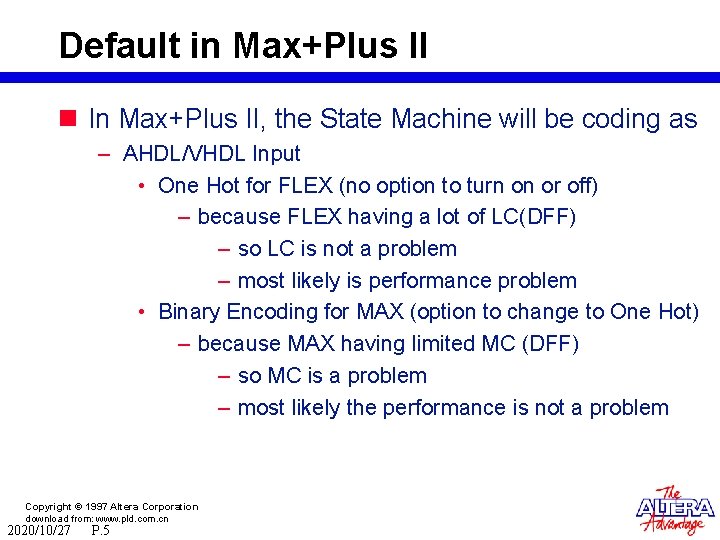 Default in Max+Plus II n In Max+Plus II, the State Machine will be coding