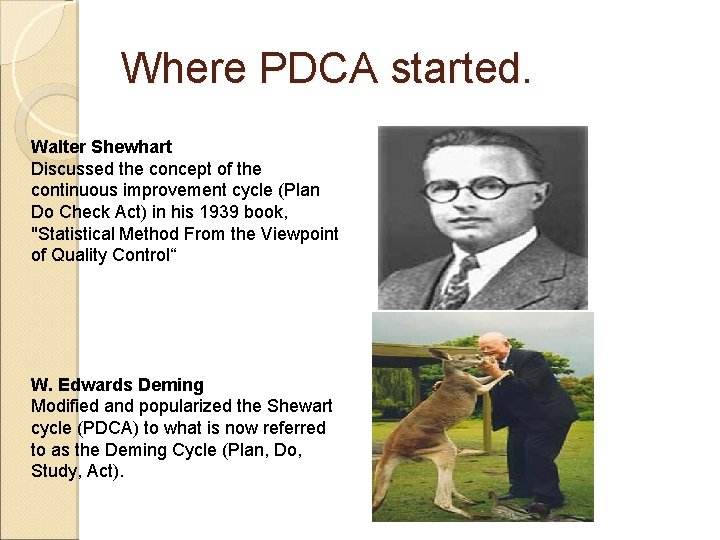 Where PDCA started. Walter Shewhart Discussed the concept of the continuous improvement cycle (Plan