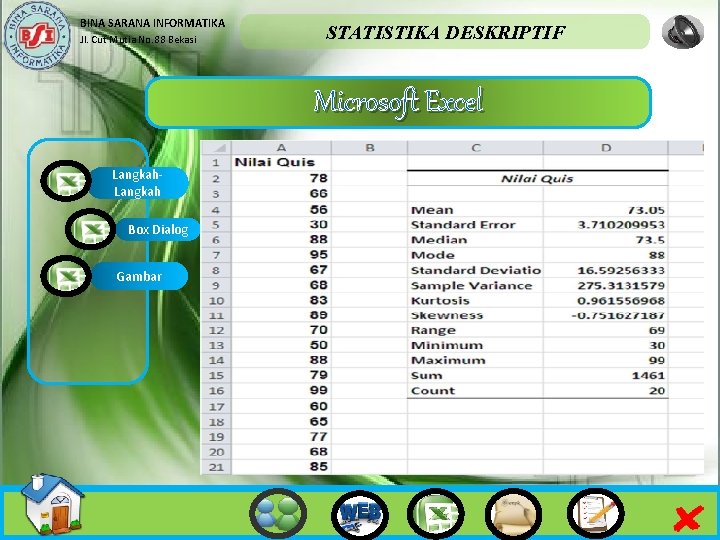 BINA SARANA INFORMATIKA Jl. Cut Mutia No. 88 Bekasi STATISTIKA DESKRIPTIF Microsoft Excel Langkah