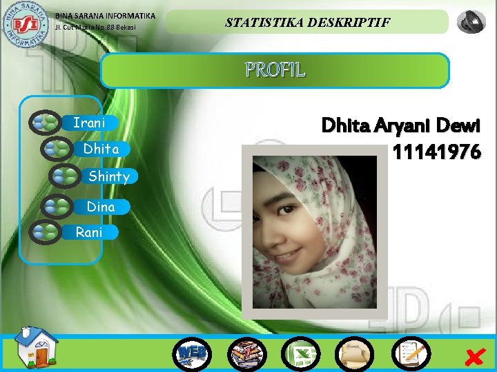 BINA SARANA INFORMATIKA Jl. Cut Mutia No. 88 Bekasi STATISTIKA DESKRIPTIF PROFIL Irani Dhita