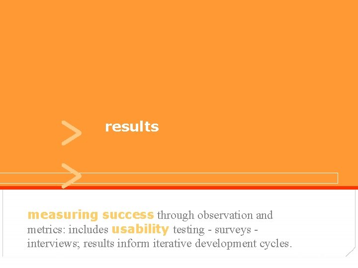 > > results user experiences measuring success through observation and metrics: includes usability testing