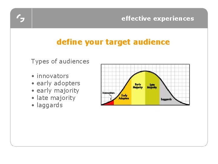 effective experiences define your target audience Types of audiences • • • innovators early