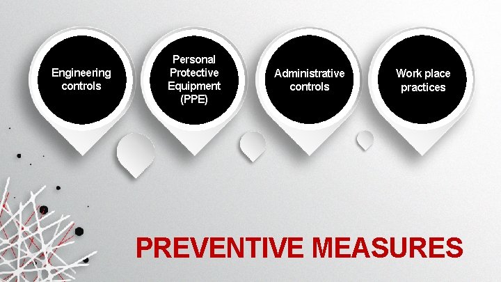 Engineering controls Personal Protective Equipment (PPE) Administrative controls Work place practices PREVENTIVE MEASURES Engineering controls Personal Protective Equipment (PPE) Administrative controls Work place practices PREVENTIVE MEASURES