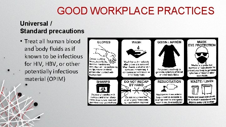 GOOD WORKPLACE PRACTICES Universal / Standard precautions • Treat all human blood and body GOOD WORKPLACE PRACTICES Universal / Standard precautions • Treat all human blood and body