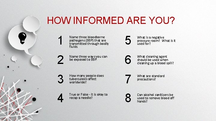 HOW INFORMED ARE YOU? 1 Name three bloodborne pathogens (BBP) that are transmitted through HOW INFORMED ARE YOU? 1 Name three bloodborne pathogens (BBP) that are transmitted through