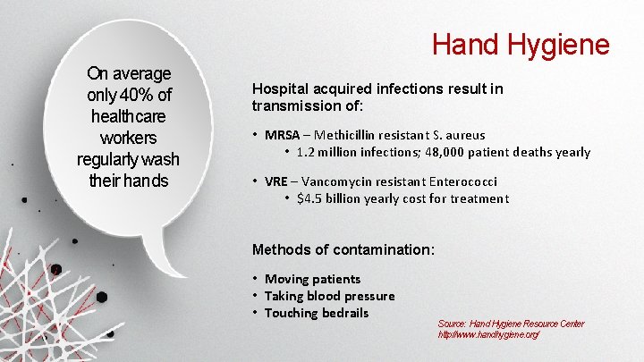 Hand Hygiene On average only 40% of healthcare workers regularly wash their hands Hospital Hand Hygiene On average only 40% of healthcare workers regularly wash their hands Hospital