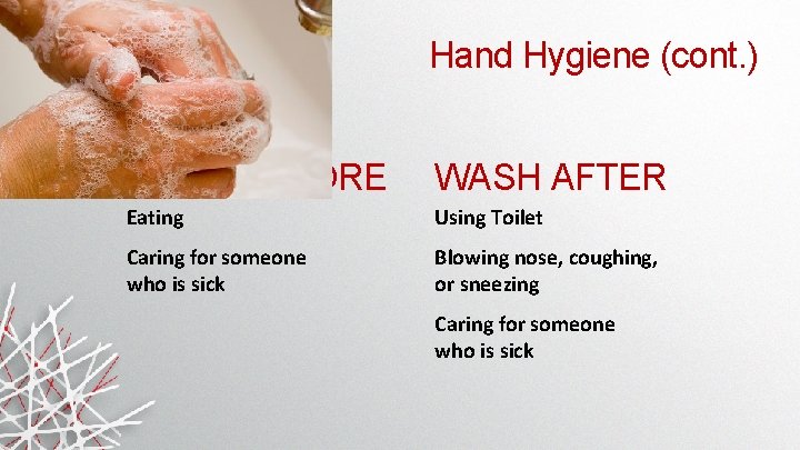 Hand Hygiene (cont. ) WASH BEFORE WASH AFTER Eating Using Toilet Caring for someone Hand Hygiene (cont. ) WASH BEFORE WASH AFTER Eating Using Toilet Caring for someone