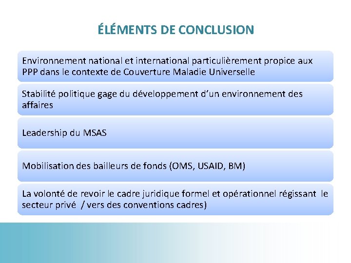 ÉLÉMENTS DE CONCLUSION Environnement national et international particulièrement propice aux PPP dans le contexte