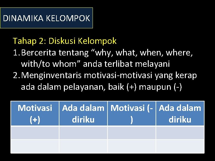 DINAMIKA KELOMPOK Tahap 2: Diskusi Kelompok 1. Bercerita tentang “why, what, when, where, with/to