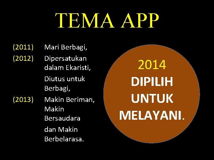 TEMA APP (2011) (2012) (2013) Mari Berbagi, Dipersatukan dalam Ekaristi, Diutus untuk Berbagi, Makin