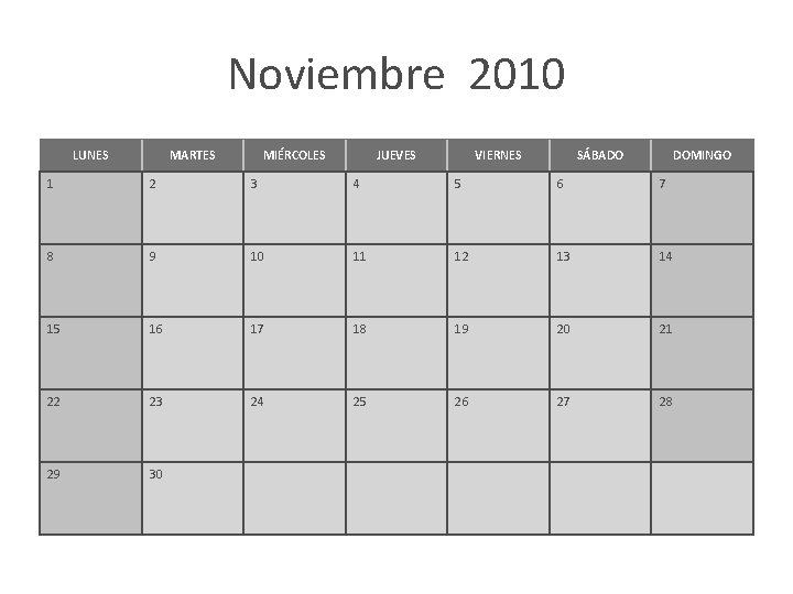 Noviembre 2010 LUNES MARTES MIÉRCOLES JUEVES VIERNES SÁBADO DOMINGO 1 2 3 4 5