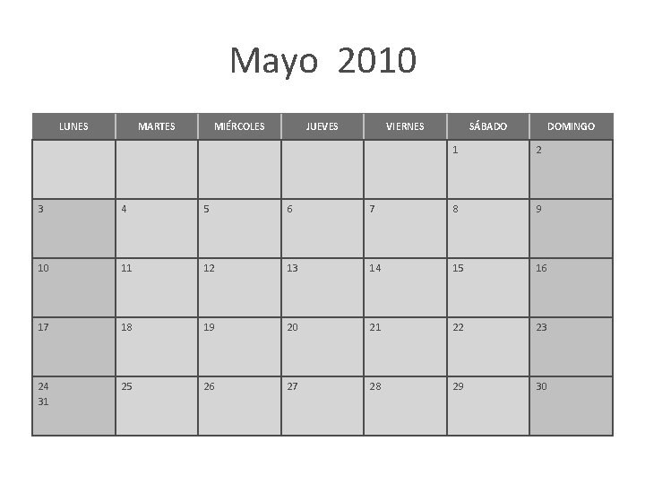 Mayo 2010 LUNES MARTES MIÉRCOLES JUEVES VIERNES SÁBADO DOMINGO 1 2 3 4 5